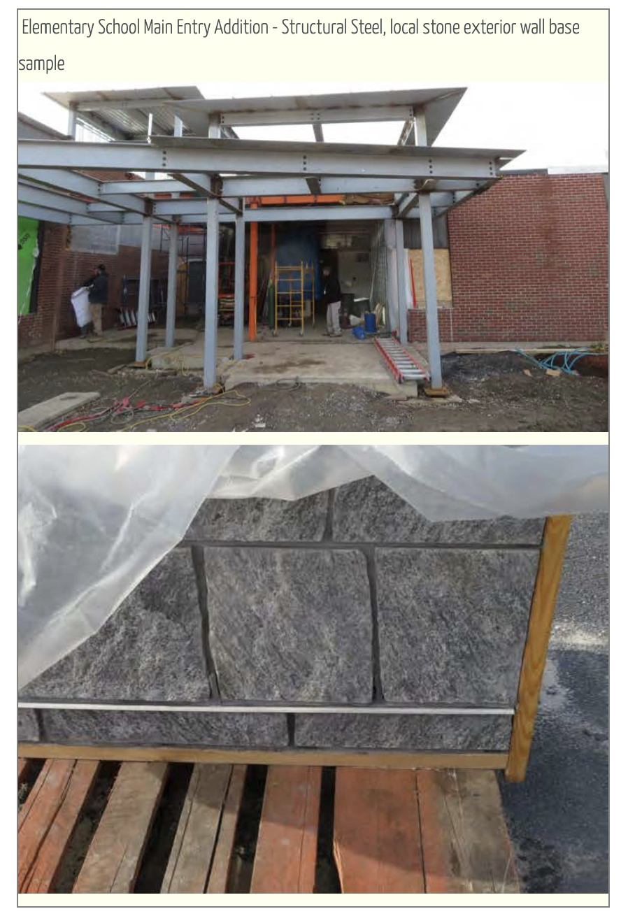 Elementary School main entry addition - structural steel, local stone exterior wall base sample